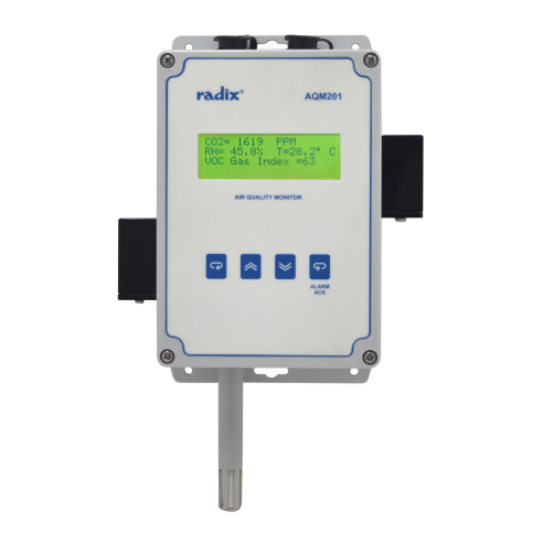 Air Quality Monitor, PM1/PM2.5/PM4.0/PM10/CO2/CO/ TVOC/RH-T/AQI, 3 Relays, RS485 Modbus | Radix Electrosystems